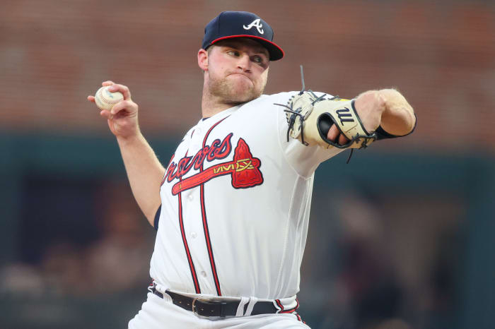 Sep 26, 2023; Atlanta, Georgia, USA; Atlanta Braves starting pitcher Bryce Elder (55) throws against the Chicago Cubs in the first inning at Truist Park.